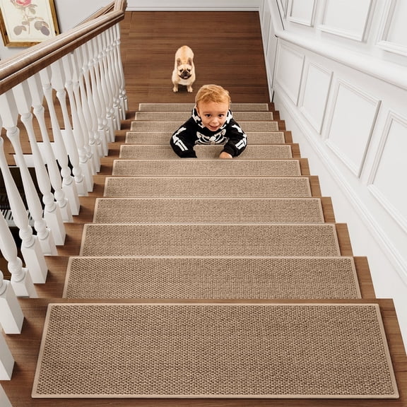 Twfbrm 4 Pcs Stair Treads for Wooden Steps, 8"x30" Non-Slip Indoor Stair Runner Rugs with Rubber Backing, Soft Polyester Edging Stair Mats Reusable Adhesive Washable Carpet for Kids Elders and Pets