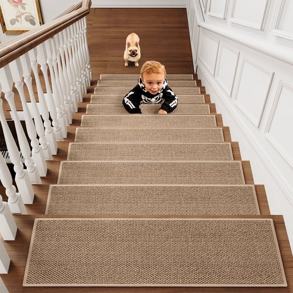 Twfbrm 4 Pcs Stair Treads for Wooden Steps, 8"x30" Non-Slip Indoor Stair Runner Rugs with Rubber Backing, Soft Polyester Edging Stair Mats Reusable Adhesive Washable Carpet for Kids Elders and Pets