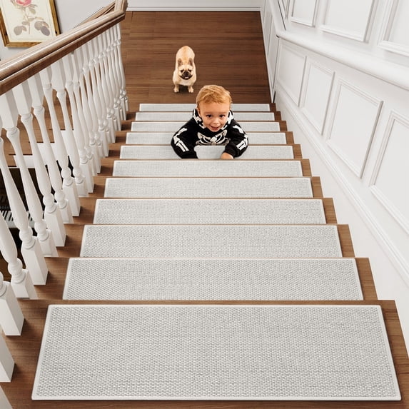 Twfbrm 4 Pcs Stair Treads for Wooden Steps, 8"x30" Non-Slip Indoor Stair Runner Rugs with Rubber Backing, Soft Polyester Edging Stair Mats Reusable Adhesive Washable Carpet for Kids Elders and Pets