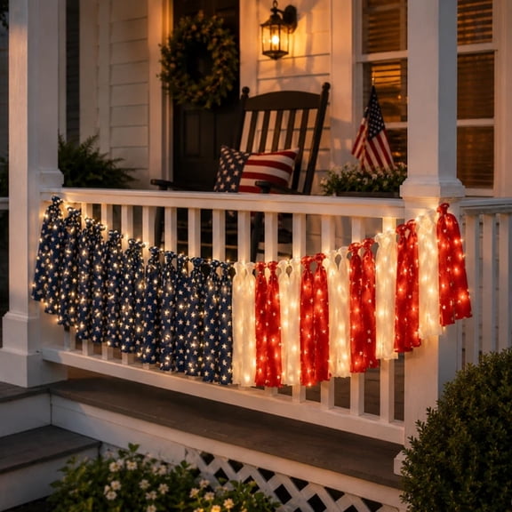 Twfbrm 4th of July Decorations - 6.6ft Red White and Blue Tassel Garland with LED Lights, 250th Anniversary Patriotic Fabric Rag Banner, Stars and Stripes Garland for Independence Day, Memorial Day