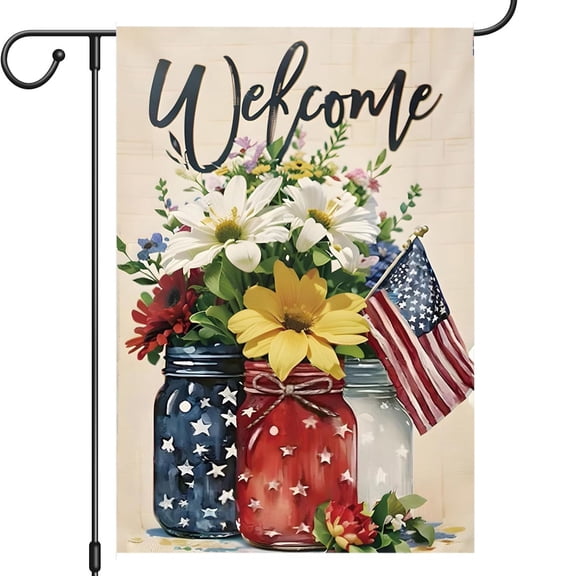 Twfbrm 4th of July Patriotic Garden Flag, 12x18 Inch Double-Sided American Flag Flowers Welcome Sign for Outside, Rustic Decorative Burlap Flag Independence Day Lawn Yard Decorations for Memorial Day