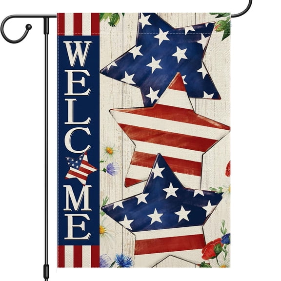 Twfbrm 4th of July Patriotic Garden Flag, 12x18 Inch Double-Sided Stars and Stripes Welcome Sign for Outside, Rustic Decorative Burlap Flag Independence Day Lawn Yard Decorations for Memorial Day