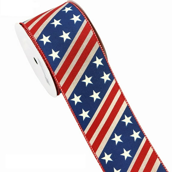 Twfbrm 4th of July Patriotic Ribbon, 2.5" x 10 Yards Stars and Stripes American Flag Wired Edge Ribbon, Red White and Blue Burlap Ribbon Independence Day Decorative Ribbon for DIY Crafts Gift Wrapping