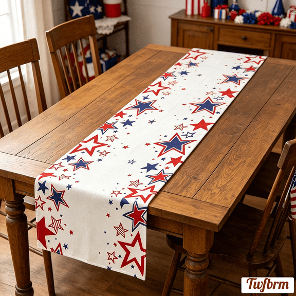 Twfbrm 4th of July Patriotic Table Runner, Red White and Blue Stars Linen Table Runner, Farmhouse Seasonal Kitchen Dining Table Decoratios for Independence Day, Memorial Day, 250th Anniversary