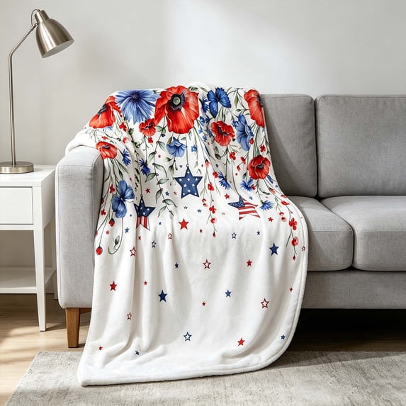 Twfbrm 4th of July Patriotic Throw Blanket, Red White and Blue Flowers Pattern Flannel Blankets, Soft and Lightweight Independence Day Decorative Blankets for Couch, Sofa, Bed, Car, Chair