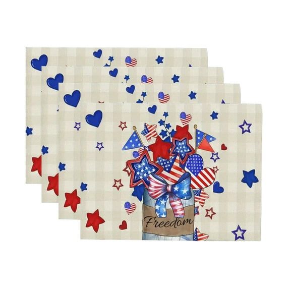 Twfbrm 4th of July Placemats Set of 4, 12x18 Inch Cotton Linen Star and Stripes Patriotic Place Mats, Heat-Resistant Seasonal Holiday Table Mats Memorial Day Dining Table Decorations for Party Kitchen