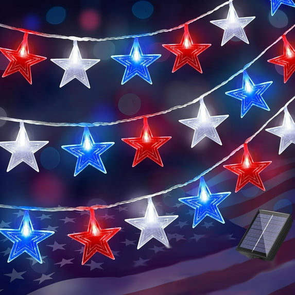 Twfbrm 4th of July Star String Lights, 21.3 Ft 30 LED Red White and Blue Star Shaped Hanging Lights, Solar Powered Waterproof Decorative Fairy Light Patriotic Decorations for Garden Porch Patio