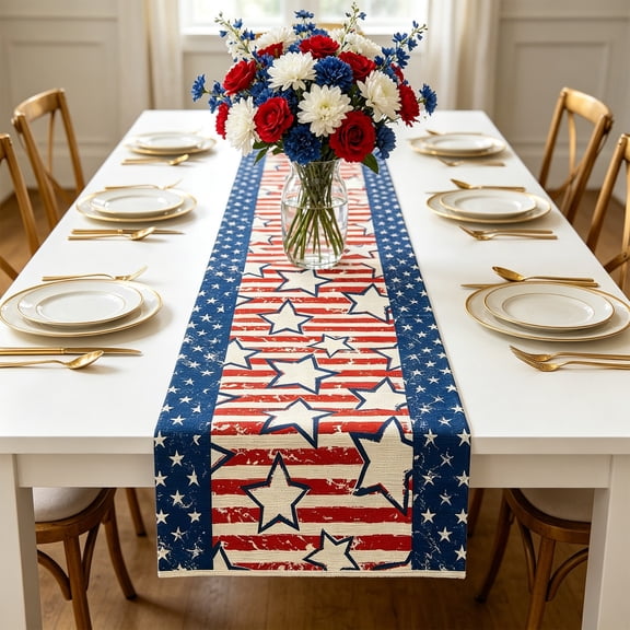 Twfbrm 4th of July Table Runner, 13x72 Inch Cotton Linen Star and Stripes Patriotic Table Runner, Red White and Blue Seasonal Kitchen Dining Table Decoratios for Independence Day, Memorial Day, Party
