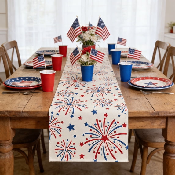 Twfbrm 4th of July Table Runner, 13x72 Inch Cotton Linen Star and Stripes Patriotic Table Runner, Red White and Blue Seasonal Kitchen Dining Table Decoratios for Independence Day, Memorial Day, Party