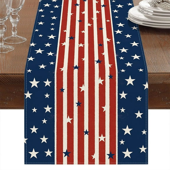 Twfbrm 4th of July Table Runner, 13x72 Inch Linen American Flag Design Stars Stripe Patriotic Table Runner, Red White and Blue Kitchen Dining Table Decoratios for Independence Day, Memorial Day, Party
