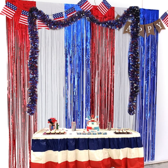 Twfbrm 4th of July Tinsel Foil Fringe Curtains, 40"x80" Glitter Red White and Blue Metallic Tinsel Steamers Independence Day Photo Booth Backdrop Patriotic Party Decorations for Home Office Birthday