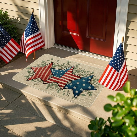 Twfbrm 4th of July Welcome Doormat, 16"x24" American Flag Stars Eucalyptus Decorative Front Porch Rugs, Non-Slip Rubber Backing Bath Rugs Independence Day Patriotic Decorations for Indoor Outdoor