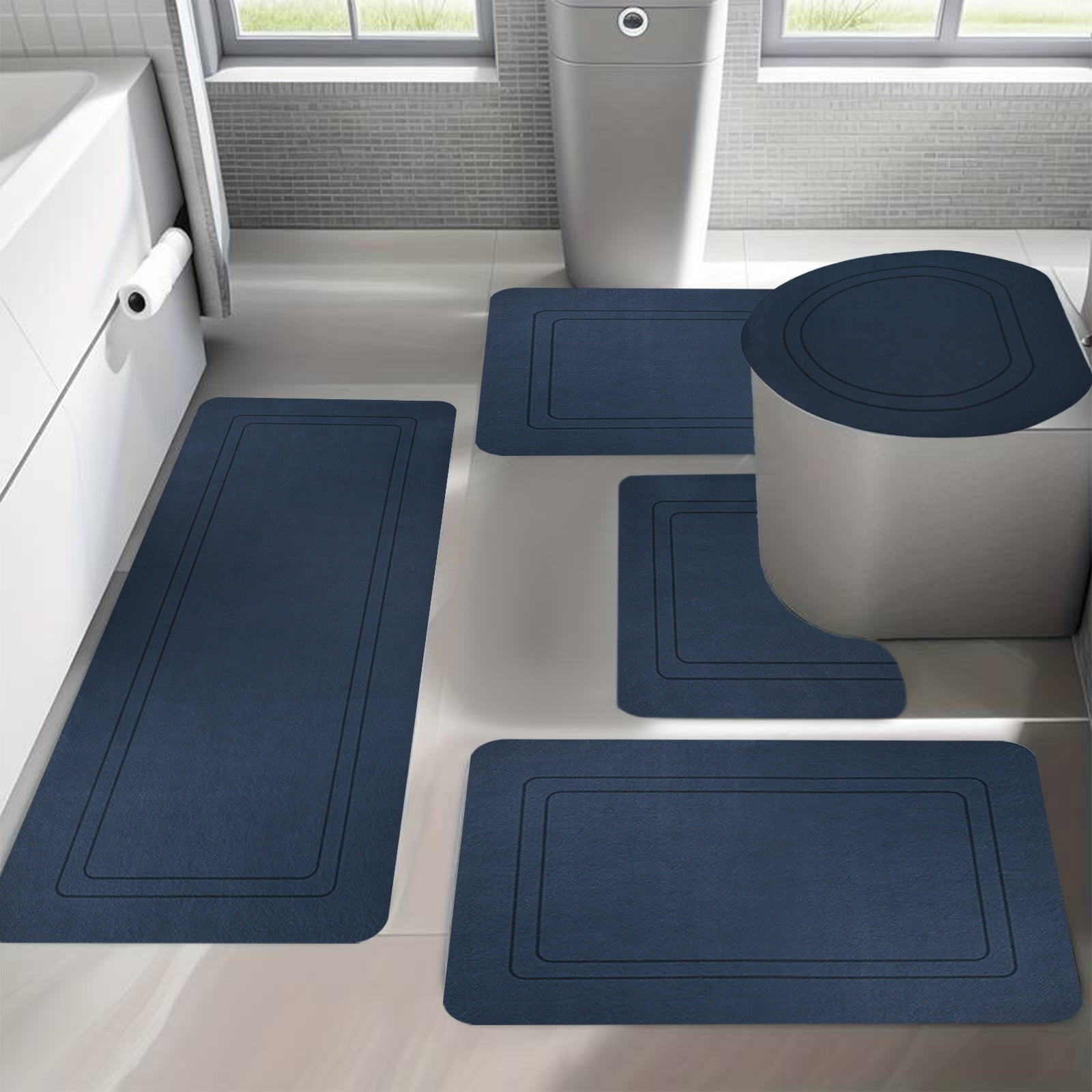 Twfbrm 5 Piece Bathroom Rugs Set, Modern Style Ultra Thin Bath Mat Fit Under Door, Non-Slip Rubber Backing Floor Mat, Super Absorbent Quick-Dry Washable Shower Mat for Toilet Bathtub and Kitchen