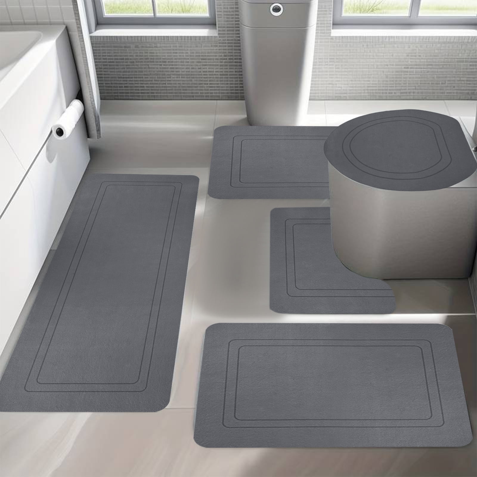 Twfbrm 5 Piece Bathroom Rugs Set, Modern Style Ultra Thin Bath Mat Fit Under Door, Non-Slip Rubber Backing Floor Mat, Super Absorbent Quick-Dry Washable Shower Mat for Toilet Bathtub and Kitchen
