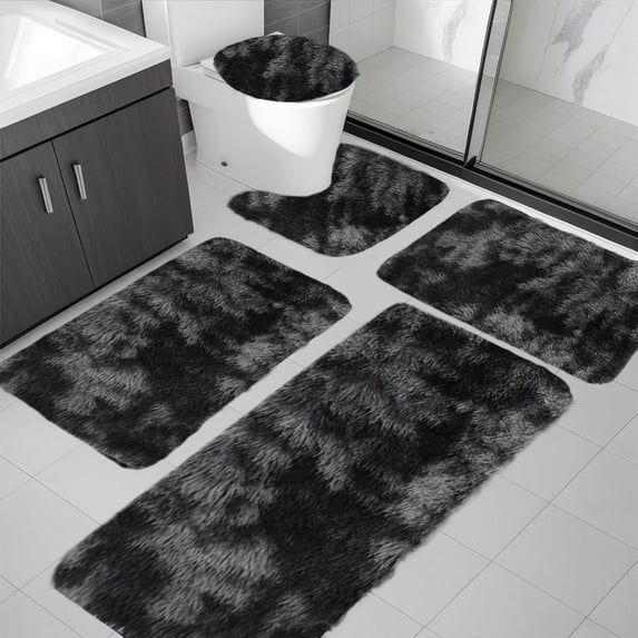 Twfbrm 5 Piece Bathroom Rugs Set, Tie-Dye Shaggy Microfiber Bath Mat with Toilet Lid Cover and U-Shape Mat, Soft Non-Slip Plush Floor Mat, Water Absorbent Washable Shower Mat for Tub and Floor