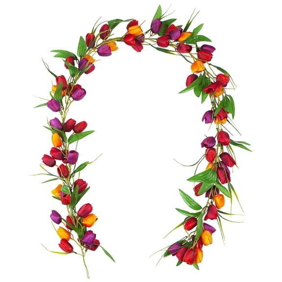 Twfbrm 6.6FT Artificial Flower Garland, Realistic Colored Tulip Garland with Green Leaves, Rustic Faux Flowers Vines Hanging Floral Ivy Garland Spring Decorations Table Centerpiece for Mantle Wedding