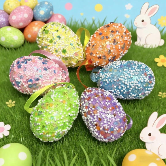 Twfbrm 6 Pcs Easter Egg Hanging Ornaments, Easter Decorations 2.36" Colorful Foam Easter Eggs Baubles with Rope, Shatterproof Spring Decorative Eggs Pendants for Tree, Wall, Doors & Mantels