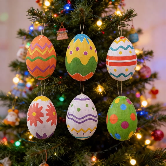 Twfbrm 6 Pcs Easter Egg Hanging Ornaments, Easter Decorations 2.36" Colorful Foam Easter Eggs Baubles with Rope, Shatterproof Spring Decorative Eggs Pendants for Tree, Wall, Doors & Mantels