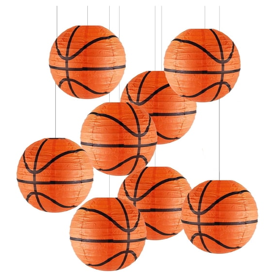 Twfbrm 8 Pcs Basketball Paper Lanterns, 8 Inch Creative Baskerball Shaped Lanterns, Reusable Ceiling Hanging Decorative Lanterns, Sports Themed Party Decorations for Kids Classroom Birthday