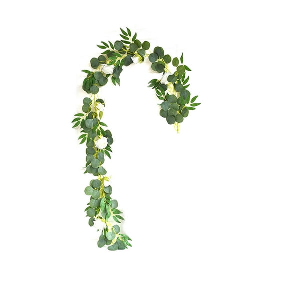 Twfbrm Artificial Eucalyptus Garland, 6.6 FT Realistic Silk Green Leaves Vine Foliage Garland with White Rose, UV Resistant Vine Hanging Plants Greenery Garland Spring Decor for Wedding Party Garden