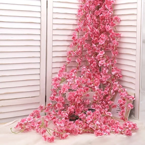 Twfbrm Artificial Flower Garlands, 5.9 Ft Cherry Blossoms Garland Realistic Silk Floral Vines, Fade-Resistant Faux Hanging Flowers Plants, Spring Decor for Wedding Arch Party Window Fireplace