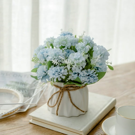 Twfbrm Artificial Flowers with Ceramic Vase, Realistic Silk Hydrangea Flowers with Eucalyptus, No Fade Faux Potted Plants Table Centerpiece Bonsai for Office, Living Room, Bedroom, Wedding