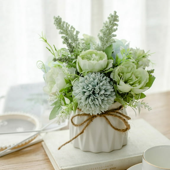 Twfbrm Artificial Flowers with Ceramic Vase, Realistic Silk Hydrangea Rose Flowers with Eucalyptus, No Fade Faux Potted Plants Table Centerpiece Bonsai for Office, Living Room, Bedroom, Wedding