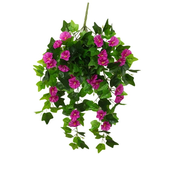 Twfbrm Artificial Hanging Flowers with Basket, 25.6" Realistic Morning Glory with Green Leaves, UV Resistant Look Real Faux Silk Petunias Flowers Garland Spring Decorations for Porch Wedding Party
