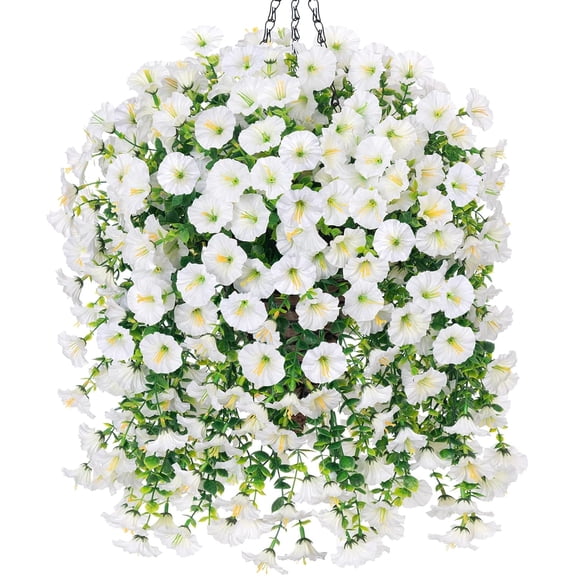 Twfbrm Artificial Hanging Flowers for Outdoor, 30" Long Realistic Silk Morning Glory with Eucalyptus, UV Resistant Look Real Faux Plants Spring Summer Decorations for Porch Patio Balcony Garden