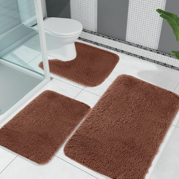 Twfbrm 3 Piece Bathroom Rugs Set, Fluffy Plush Bath Rug with U-Shape Toilet Rug, Super Soft and Absorbent Plush Floor Mats, Non-Slip Rubber Backing Quick Dry Shower Mats for Tub Toilet Bathroom