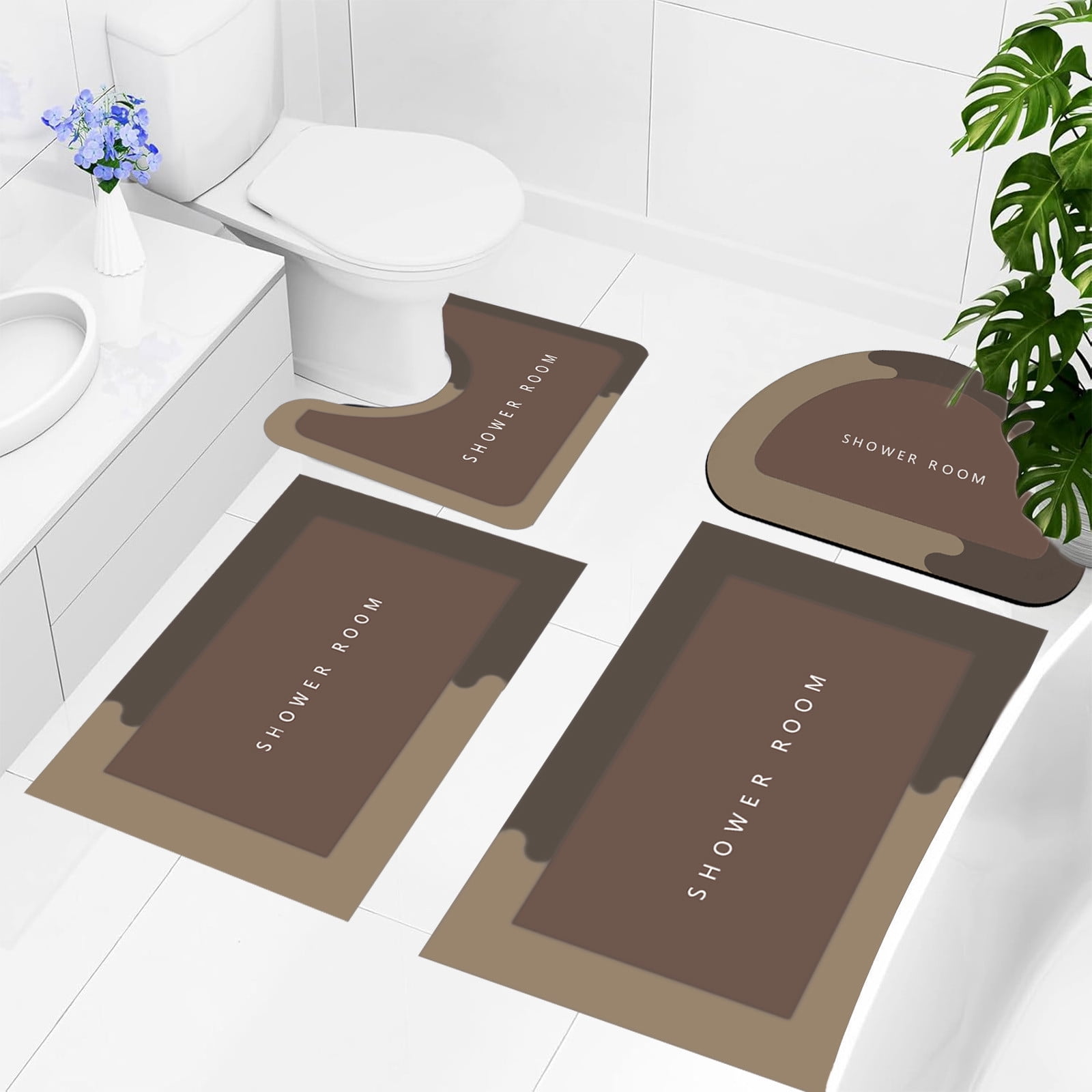 Twfbrm Bathroom Rugs Set 4 Pieces, Ultra Thin Bath Mat Fit Under Door, Non-Slip Rubber Backing Floor Mat, Super Absorbent Quick-Dry Washable Shower Mat for Toilet Bathtub and Kitchen