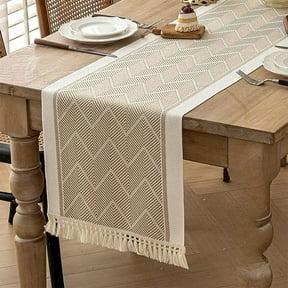 Twfbrm Boho Table Runner, 14"x47" Cotton Linen Embroidered Table Runner with Tassel, Waterproof Reusable Table Decoration Rustic Farmhouse Decorative Table Runner for Dresser Dining Living Room