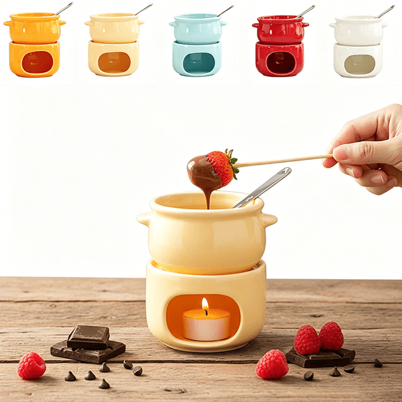 Twfbrm Ceramic Butter Warmer Set, 2.25L Large Capacity Fondue Pot with Fork, Tea Light Porcelain Melting Pot Multi-Purpose Melter Microwave & Dishwasher Safe for Chocolate, Cheese and Caramel