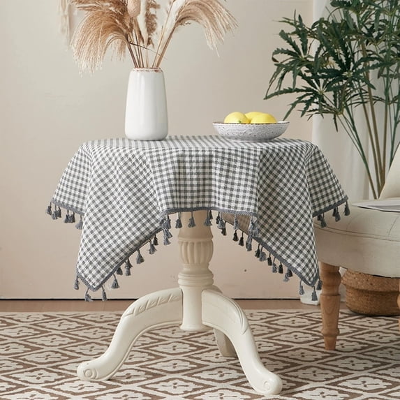 Twfbrm Checkered Tablecloth for Round Table, 35"x35" Cotton Linen Buffalo Plaid Pattern Square Table Cover with Tassels, Vintage Farmhouse Decorative Fabric Table Cloth for Indoor Outdoor Picnic