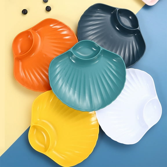 Twfbrm Chip and Dip Serving Platter, 7.4 inch Shells Shape Plastic Dumpling Plate with Dipping Saucer, BPA-Free Reusable Serving Dish Sushi Plates, Microwave Safe Decorative Tableware for Party