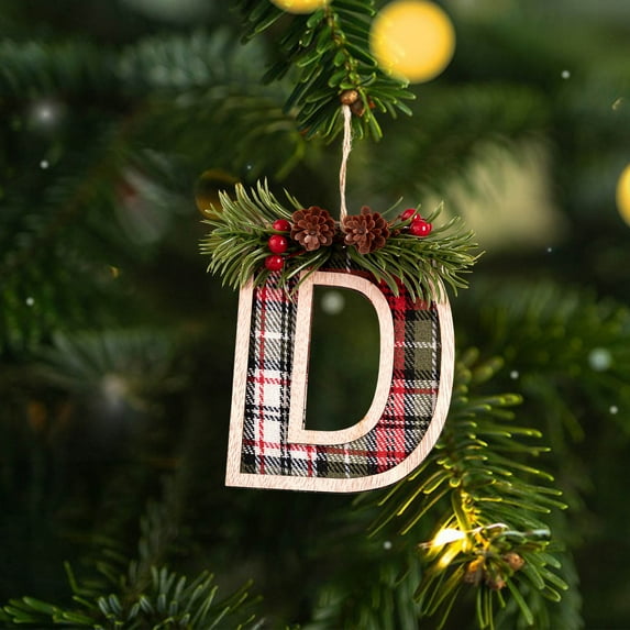 Twfbrm Christmas 26 Letter Ornaments, Christmas Decorations, 7.4" Wooden Buffalo Plaid Alphabet Pendant with Berry, Personalized A to Z Initial Name Tags Christmas Tree Hanging Decor for Xmas Party