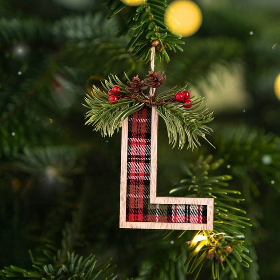 Twfbrm Christmas 26 Letter Ornaments, Christmas Decorations, 7.4" Wooden Buffalo Plaid Alphabet Pendant with Berry, Personalized A to Z Initial Name Tags Christmas Tree Hanging Decor for Xmas Party