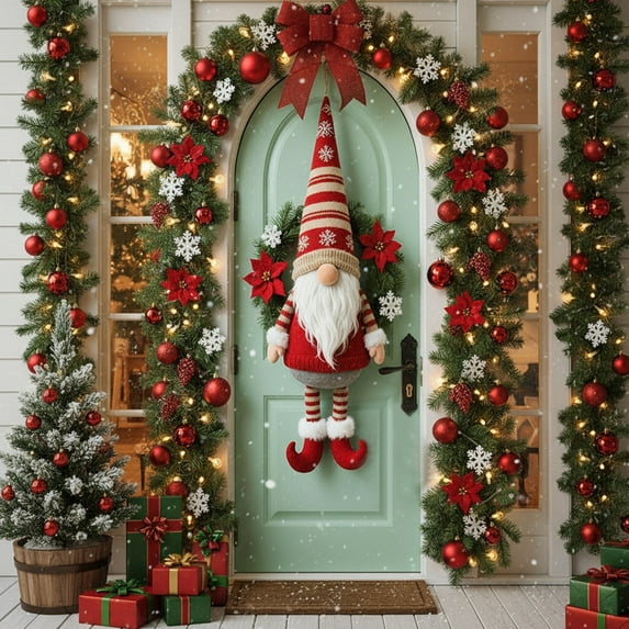 Twfbrm Christmas Door Cover, Christmas Decorations, 35"x73" Merry Christmas Fabric Front Door Banner with Gnome Wreath Design, Winter Holiday Photography Backdrop Xmas Hanging Porch Sign for Party