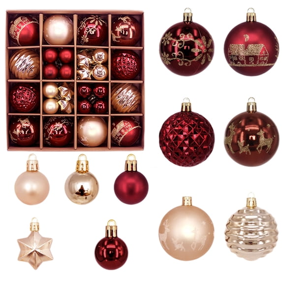 Twfbrm Christmas Ornaments Balls, 44 Pcs Christmas Decorations Balls Including 12Pcs 6cm/2.36inch Balls & 28Pcs 3cm/1.18inch Balls, 4Pcs Star Christmas Tree Balls for Holiday Wedding Party-Dark Red