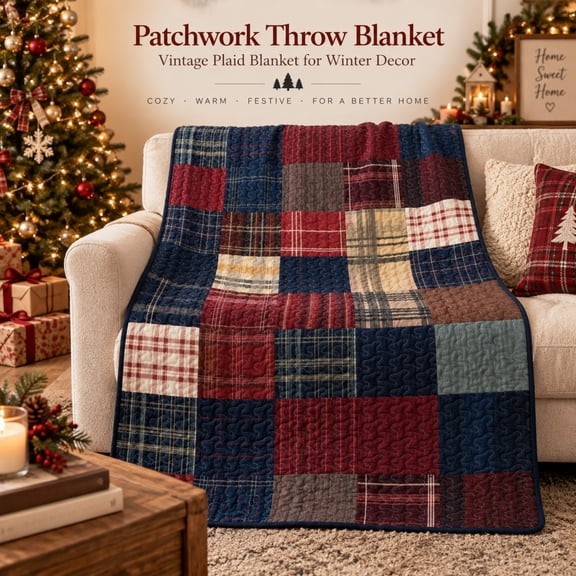 Twfbrm Christmas Quilted Throw Blanket, Vintage Soft Warm Blanket with Plaid Design, Washable Lightweight Fleece Blanket Christmas Decoration for Sofa, Couch, Bed, Home Decor