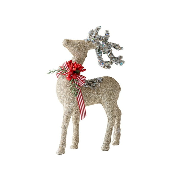 Twfbrm Christmas Reindeer Figurines, Christmas Decorations 8.3" Glitter Sequins Deer Statue with Red Berry Bow, Rustic Standing Elk Tabletop Ornaments for Living Room Bedroom Office Shelf Mantel