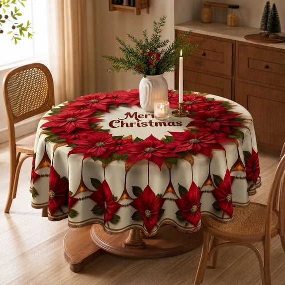 Twfbrm Christmas Round Table Runner, 59 x 59 Inch Table Cloth with Flower Design, Waterproof Table Cover Christmas Decoration for Party, Kitchen, Dining, Room, Home Decor