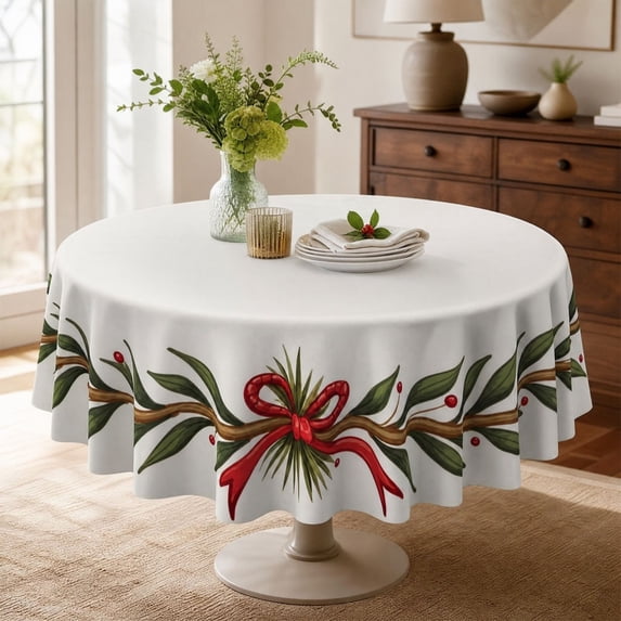 Twfbrm Christmas Round Table Runner, 59 x 59 Inch White Table Cloth with Bow Design, Waterproof Table Cover Christmas Decoration for Party, Kitchen, Dining, Room, Home Decor