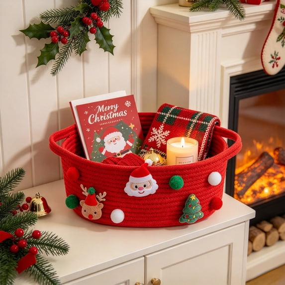 Twfbrm Christmas Storage Baskets, Small Santa Claus Reindeer Xmas Tree Ornaments Gift Basket with Handles and Pom-Poms, Cute Soft Woven Basket Christmas Decoration for Holiday Party Home Decor(Red)