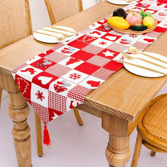 Twfbrm Christmas Table Runner, 13x71 Inch Red and White Snowflake Reindeer Table Runners with Tassels, Farmhouse Xmas Decorative Table Runner Winter Kitchen Dining Table Decoration for Holiday Party