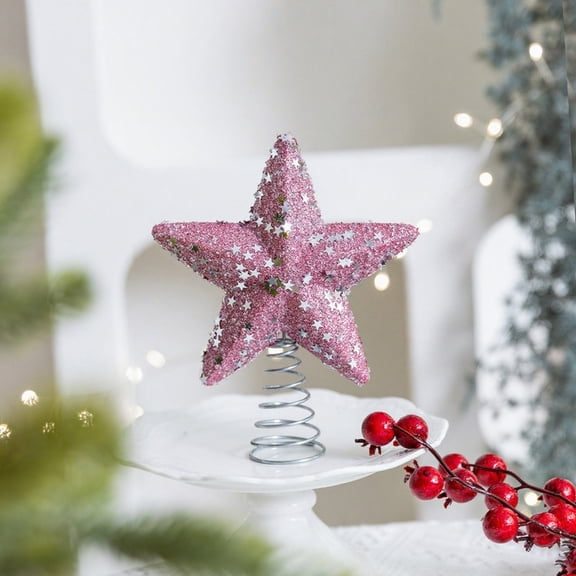 Twfbrm Christmas Tree Toppers, Christmas Decorations 7.4" Pink Glitter Sequin Star Treetop with Spring Bottom, Five-Pointed Star Xmas Tree Decor Farmhouse Christmas Tree Ornament for Holiday Party