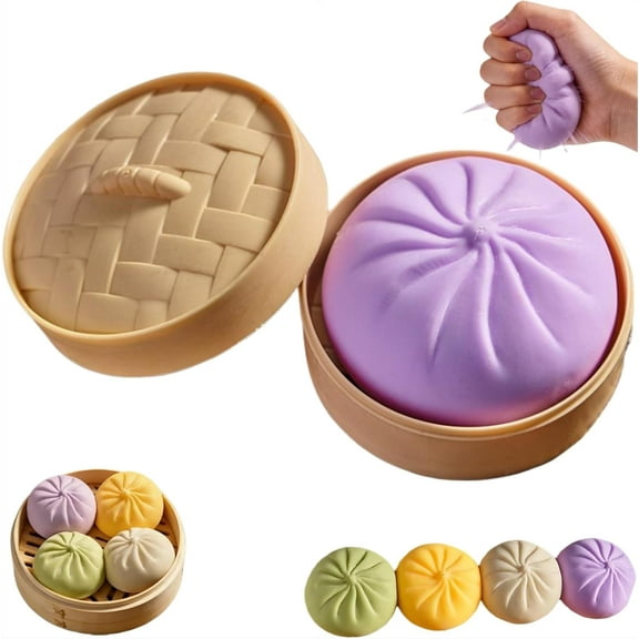 Twfbrm Dumpling Stress Ball, Giant Squashy Dumpling with Food Steamer, Soft and Stretchy Squeeze Dough Fidget Toy, Steamed Stuffed Bun Decompression Toy Stress Relief Sensory Ball