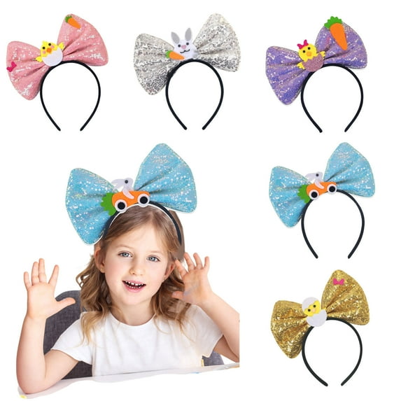Twfbrm Easter Bow Headbands for Women Girls, Glitter Sequin Bowknot Hair Band with Chick, Soft Cute Non-Slip Big Bowknot Hair Hoop Spring Hair Accessories for Holiday Party Travel Photography
