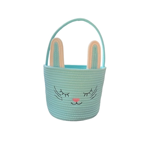 Twfbrm Easter Bunny Basket, Woven Cotton Rope Storage Basket with Rabbit Ears and Handle for Easter Eggs Hunting, Rustic Style Reusable Empty Decorative Bucket Cute Rabbit Tote Bags for Party Favor