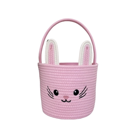 Twfbrm Easter Bunny Basket, Woven Cotton Rope Storage Basket with Rabbit Ears and Handle for Easter Eggs Hunting, Rustic Style Reusable Empty Decorative Bucket Cute Rabbit Tote Bags for Party Favor
